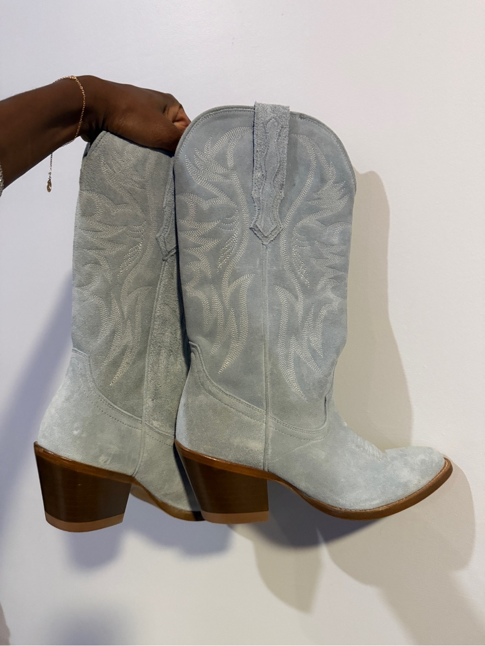 Light Blue Suede Western Heeled Boots